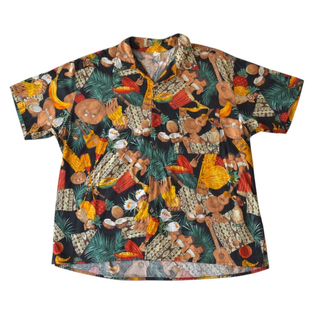 Vintage 90s Hawaiian Shirt 2XL | Rayon Tropical Aloha Shirt with Hula Girls